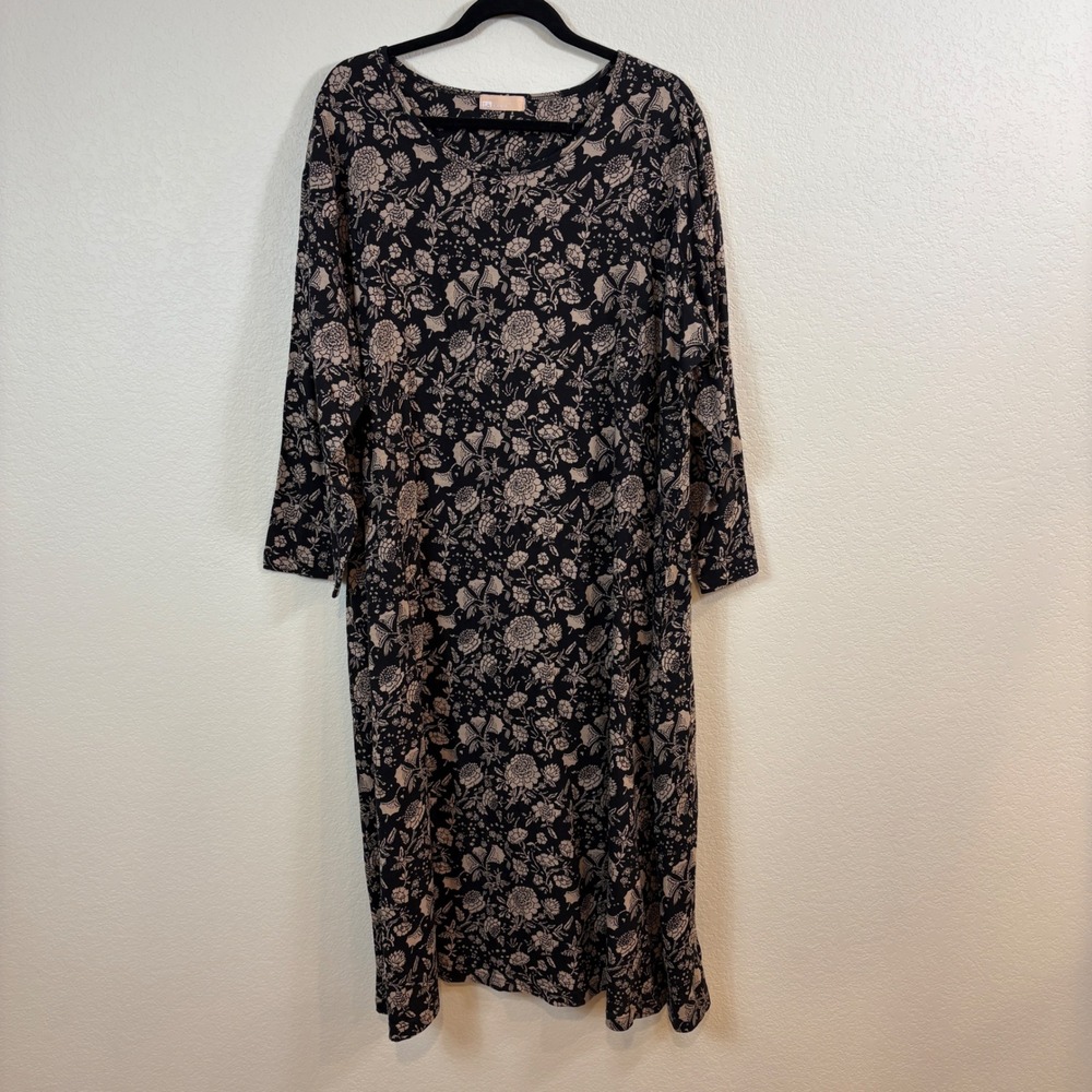 La Cera Midi Dress Womens Plus Black Tan Floral Long Sleeve Pockets Lagenlook